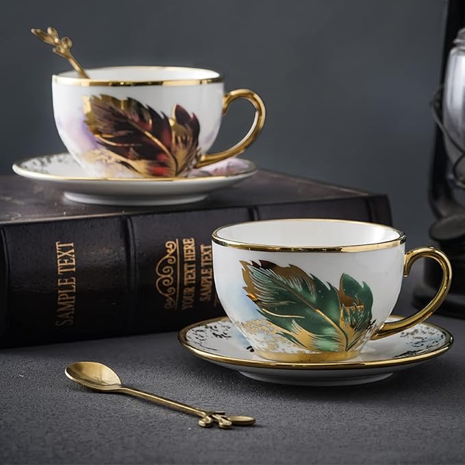 Golden Handle Ceramic Tea Cups, Vintage Feather Pattern Espresso Coffee Mug Set with Saucer & Spoon, 7.74 Oz, Style 1