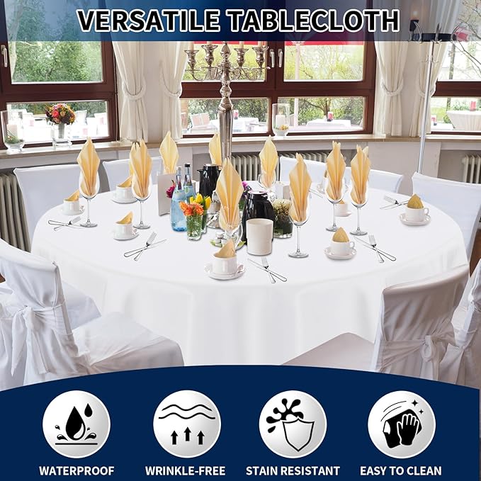 PureFit 6 Pack Round White Table Cloths 90Inch for Round Tables, Stain and Wrinkle Resistant Table Linens for Home Use, Wedding, Party, Banquet and Camping