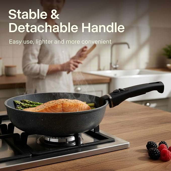 Pots and Pans Set Non Stick, Ceramic Cookware Sets 21 PCS, Granite Induction RV Kitchen Portable Stackable Cooking Set Removable Handles, Dishwasher 竊?Oven Safe, Black