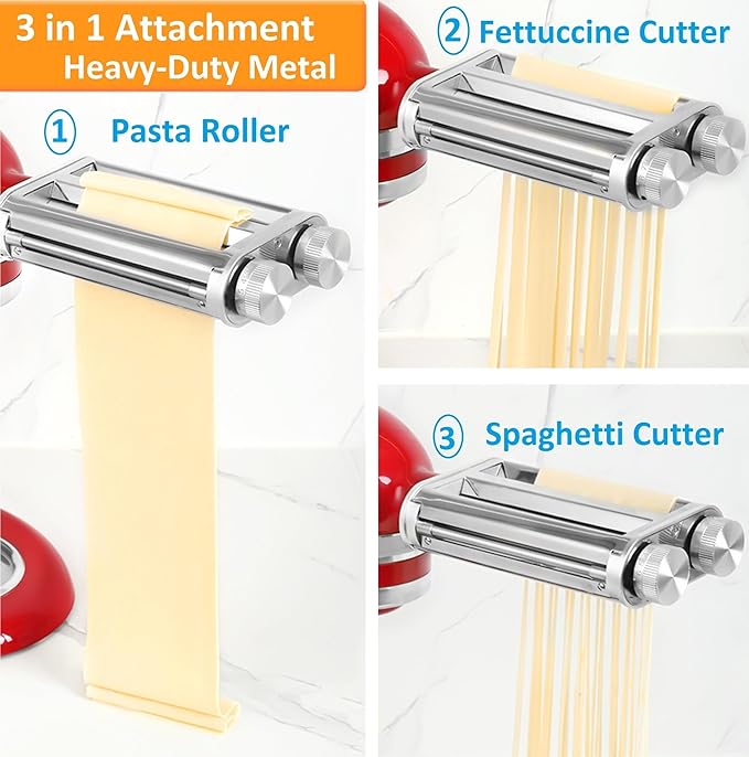 Pasta Maker Attachment for KitchenAid Stand Mixers,Sturdy 3 in 1 Set Included Pasta Sheet Roller, Spaghetti and Fettuccine Cutter Accessories-Unique Design