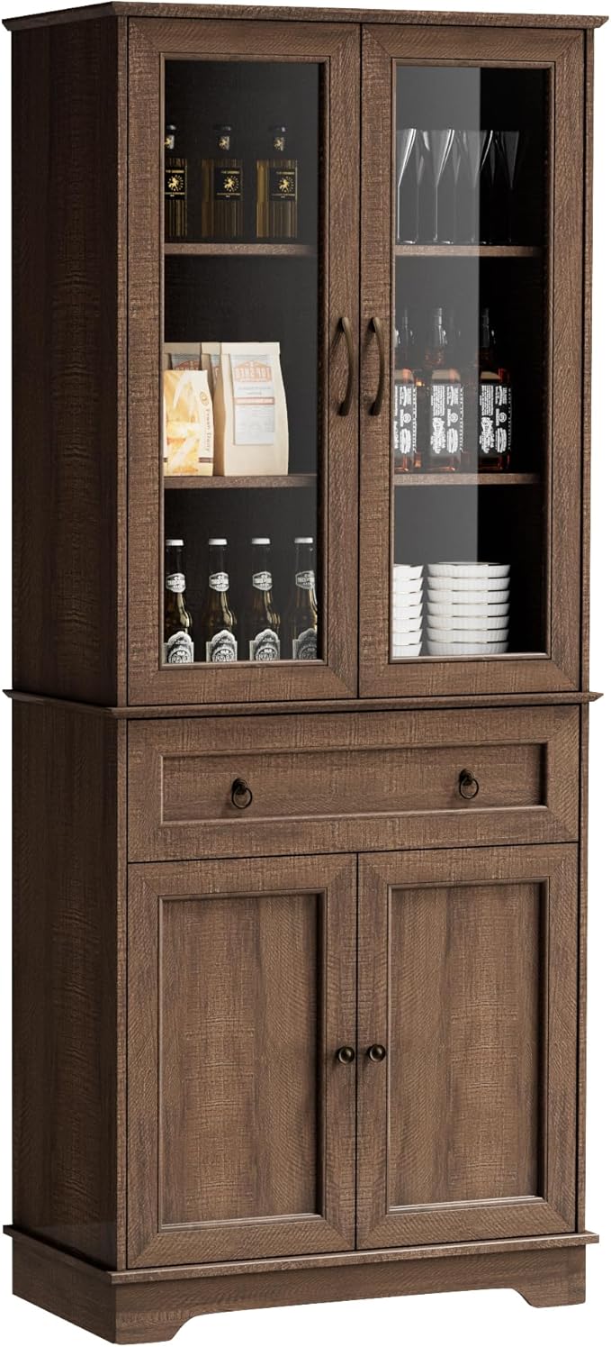 72" Tall Kitchen Pantry Storage Cabinet with Glass Doors and Drawer,Farmhouse Cupboard with Adjustable Shelves, Freestanding Food Pantry for Kitchen,Dining,Living Room,Brown