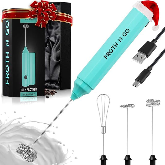 Zulay Froth N Go Milk Frother ??Rechargeable 3-in-1 Handheld Frother Wand with Travel Case & USB-C Charger ??Single, Double & Egg Whisk for Latte, Cappuccino, Matcha, Protein Shakes ??Aqu
