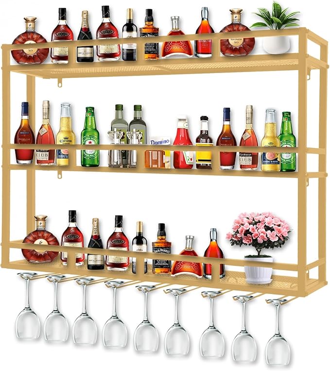 47 Inch 3-Tier Wall Mounted Wine Rack with LED Light, Stylish Wall Bar Shelves for Liquor Bottles & Hanging Glasses, Bar Shelves Wall Mounted for Kitchen, Dining Room & Home Bar, Gold