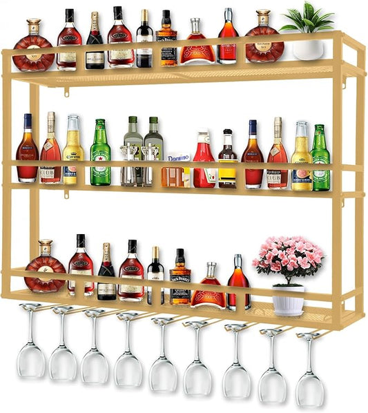 31 Inch 3-Tier Wall Mounted Wine Rack with LED Light, Stylish Wall Bar Shelves for Liquor Bottles & Hanging Glasses, Bar Shelves Wall Mounted for Kitchen, Dining Room & Home Bar, Gold