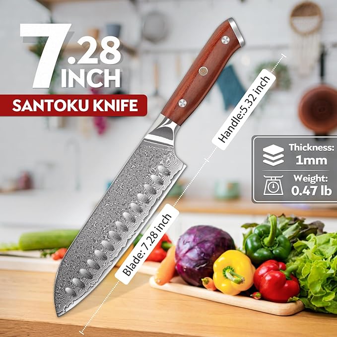 Purple Dragon Santoku Knife 7 Inch, VG10 Steel Damascus Japanese Chef Knife for Kitchen Cooking Meat Cleaver, Cutting Vegetables and Fruit - Christmas Gift for Men and Women