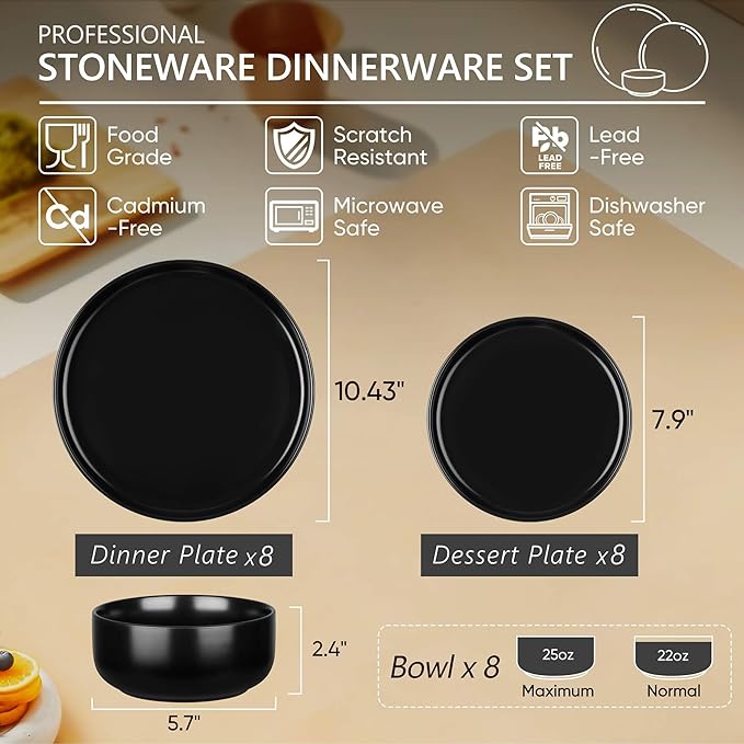 Herogo 24 Pieces Stoneware Dinnerware Set Service for 8, Dinner Plates and Bowls Sets, Double Reactive Glaze Dishes Set for Kitchen, Scratch Resistant, Microwave & Dishwasher Safe, Matte Black