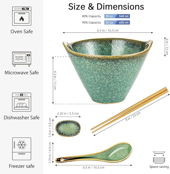 HENXFEN LEAD Japanese Ramen Bowls Set of 2 - Deep Ceramic Noodle Bowls with Spoons, Chopsticks and Holder, 20 Oz Serving Bowls for Pho, Udon, Soup - Reactive Green