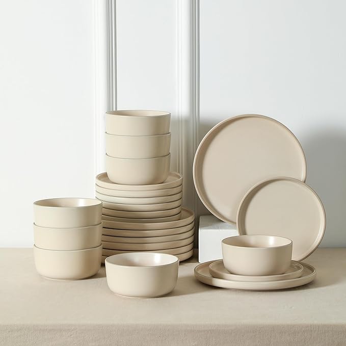 Earth & Clay Amber 12-Piece Dinnerware Set Stoneware, Dishwasher and Microwave Safe Plates and Bowls Set, Dish Set for 4, Beige