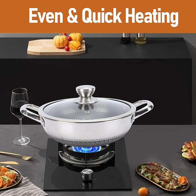 Stainless Steel Wok Pan, Nonstick Frying Pan Honeycomb Stir Fry Skillet with Lid, Compatible with Induction Cooker Gas Range, Dishwasher Safe (26cm)