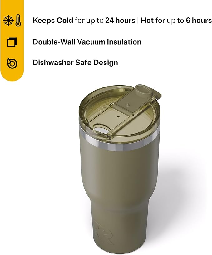 RTIC 40oz Essential Tumbler with Lid, Ceramic Lined, Insulated, Stainless Steel, Metal, Double Wall Vacuum-Insulation, Travel Cup for Iced Coffee, Tea, Hot and Cold Drink, Olive