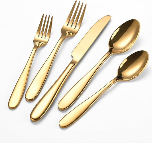 40-Piece Gold Silverware Set, Flatware Set for 8, Food-Grade Stainless Steel Tableware Cutlery Set, Mirror Finished Utensil Sets for Home Restaurant, Forks Spoons and Knives Set, Dishwasher Safe