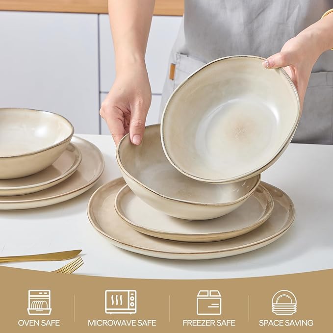Bestone 12 Piece Round Kitchen Dinnerware Sets竊똏lates and Bowls sets,Dishes, Plates, Bowls, Dish Set, Chip Resistant Ceramic Dinnerware Set, Dishwasher/Microwave Safe,Service for 4,Brown