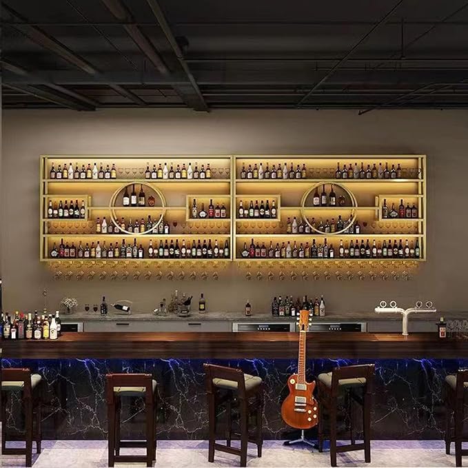 59" Metal Wine Rack Wall Mounted, Multi Functional Bar Shelves for Liquor Bottles with Glass Holder, Modern Wood Bar Shelves Wall Mounted for Home Bar & Dining Room(Gold, 51" Height)