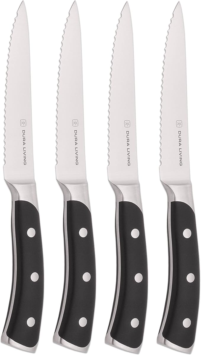 DURA LIVING 8-Piece Serrated Kitchen Steak Knife Set ??Forged High Carbon Stainless Steel, Ultra Sharp, Ergonomic Black Handles, Durable Dinner Knives, Black Handle