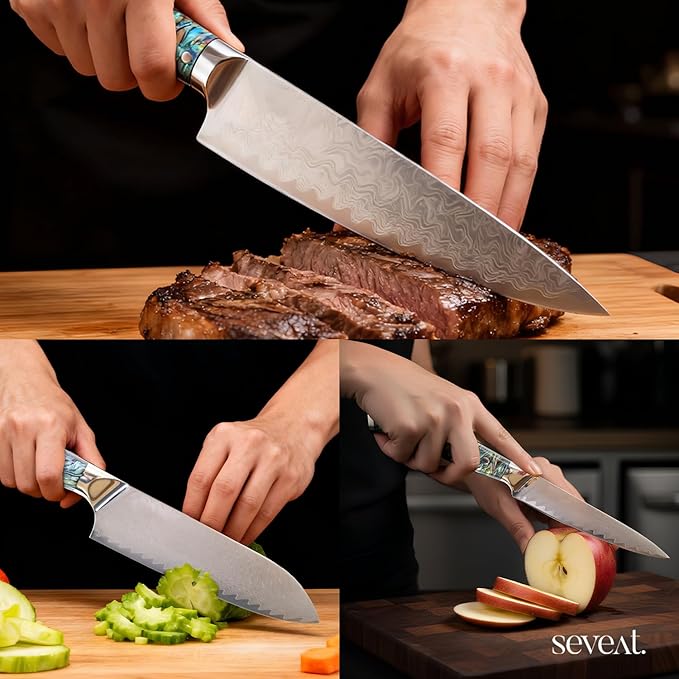 Damascus Kitchen Knife Set, 67-Layer Damascus Steel, Professional Chef Knives Set for Kitchen, Ergonomic Wood & Resin Handle (Blue, 3 pieces with Shell Handle)