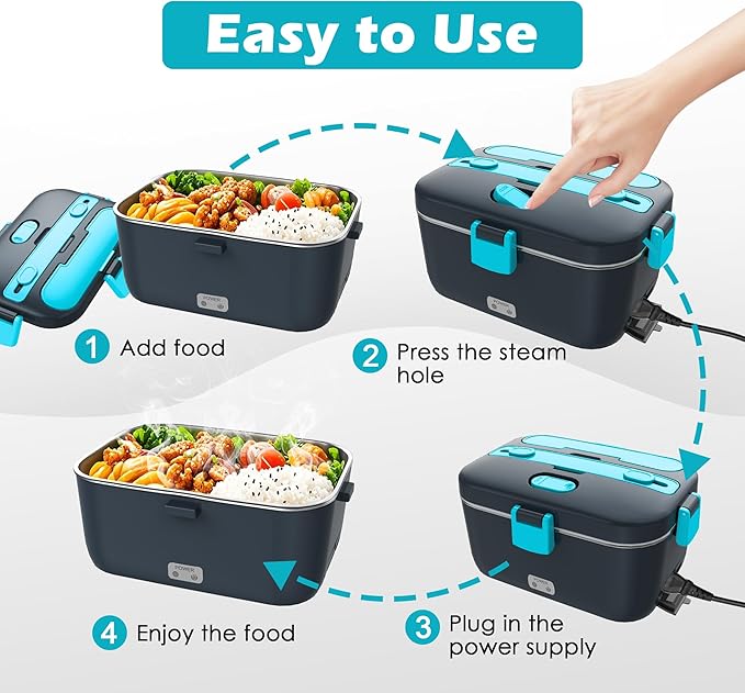 COZYEXPERT Electric-Lunch-Box-Heated-Food-Warmer 100W Heating Lunchbox for Adults 1.8L Portable Food Heater for Work/Car, 12V/24V/110-230V Lonchera El챕ctrica Port찼til with Fork Spoon (Gray+Blue)