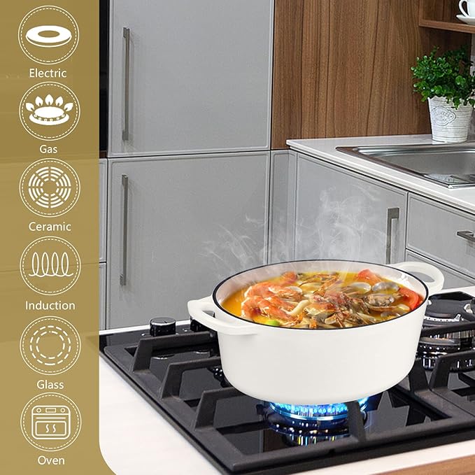 P&P CHEF Oval Dutch Oven with Lid, Enameled Cast Dutch Oven Pot for Bread Baking, Braising, Stewing, Roasting, Non-Stick & Oven Safe, Dual Handles & Easy Clean, 5QT & White