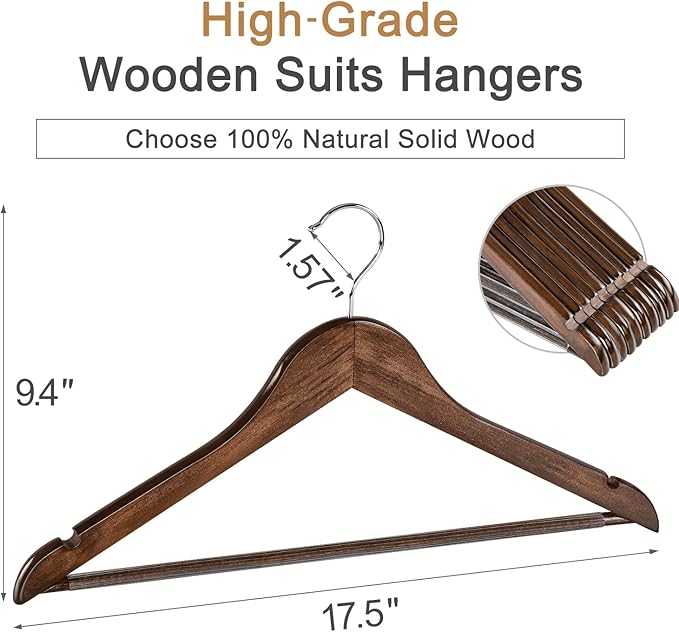 TOPIA HANGER Wooden Coat Hangers 30 Pack, Vintage Wood Suit Hangers with Non Slip Pants Bar, 360째 Swivel Hook and Shoulder Notches for Camisole, Jacket, Pants, Smooth Finish Clothes Hangers - CT34A30