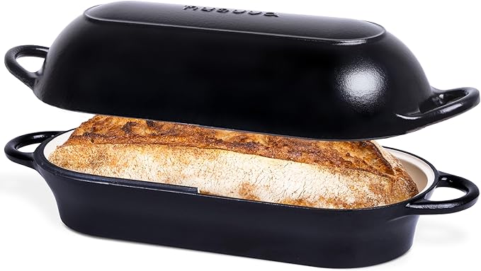 Enamelled Cast Iron Bread Loaf Pot ??Dutch Oven For Sourdough Bread Baking ??Oven Safe Non Stick Bread Pot ??Rectangular, Black, 34cm x 16cm ??by Nuovva