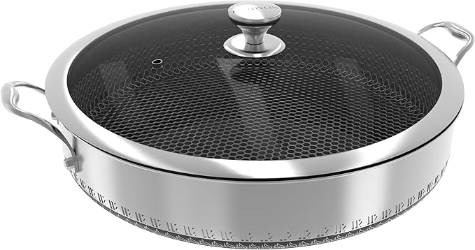 316L Stainless Steel 7QT Saute Pan Hexagon Nonstick Wok with Lid, Two Handle to Hold, PFOA Free, Dishwasher Oven Safe (12.5 inches,7QT)