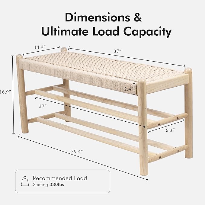 XINNAN Solid Wood Entryway Bench with Shoe Storage, Rustic Oak Wood and Woven Design 39.4 Inch Long Seating for Living and Dining Rooms, 3-Tier Nature