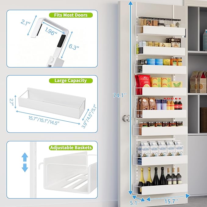 8-Tier Over the Door Pantry Organizer, Pantry Organization and Storage, Hanging Door Spice Rack Metal Shelving, Home & Kitchen Bedroom Bathroom, White