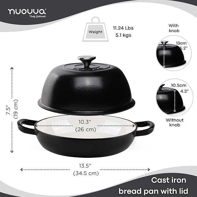 Enamelled Cast Iron Dutch Oven Pot ??Dutch Oven For Sourdough Bread Baking ??Cast Iron Bread Pot ??Black, 6 Quarts, 26cm ??by Nuovva
