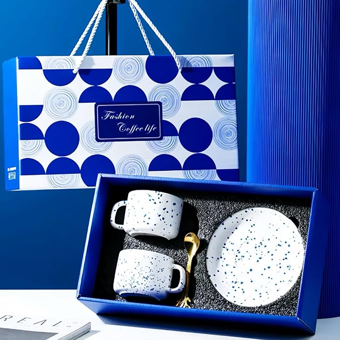 KLEIN BLUE Ceramic Coffee Mug and Saucer 6-Piece Gift Set, Includes 2 Mugs, 2 Saucers and 2 Gold Spoons (White+white)