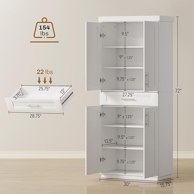 HOMCOM 72" Kitchen Pantry Cabinet, Freestanding Tall Storage Cabinet with 4 Doors, Drawer and 3 Adjustable Shelves for Dining Room, White