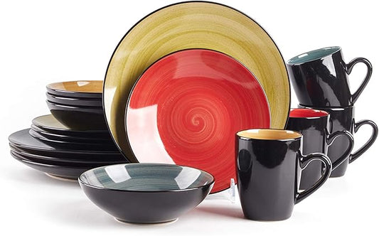 Stoneware Sonoma 16pc Dinnerware Set, Black + Speckled Spin Wash, Mix Blue, Green, Red, Yellow