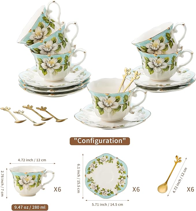 TATSUMI Country Roses 18 Peices Bone China Tea Cup And Saucer Set, English Vintage Tea Cups Of 6 For Women And Tea Party Sets(Light Green, 6 sets)