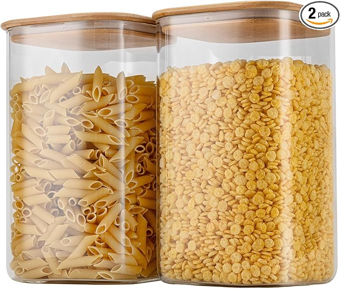 156oz Airtight Glass Square Storage Canister with Bamboo Lid Set of 2(4600ml*2) Large Gallon Glass Jars for Sugar, Flour, Cookies and Coffee beans (?럚ith Black Lable)