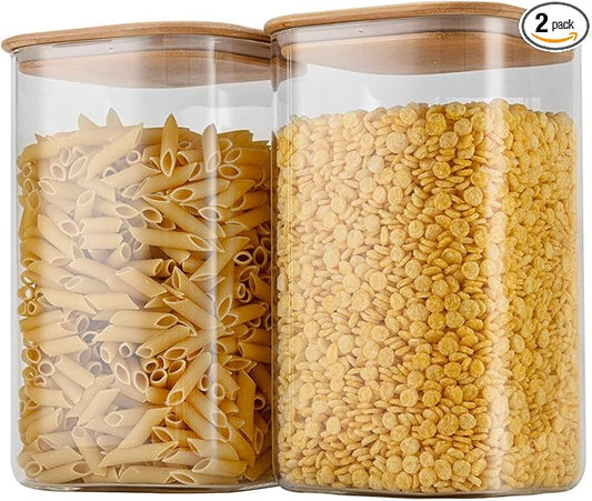 156oz Airtight Glass Square Storage Canister with Bamboo Lid Set of 2(4600ml*2) Large Gallon Glass Jars for Sugar, Flour, Cookies and Coffee beans (?럚ith Black Lable)