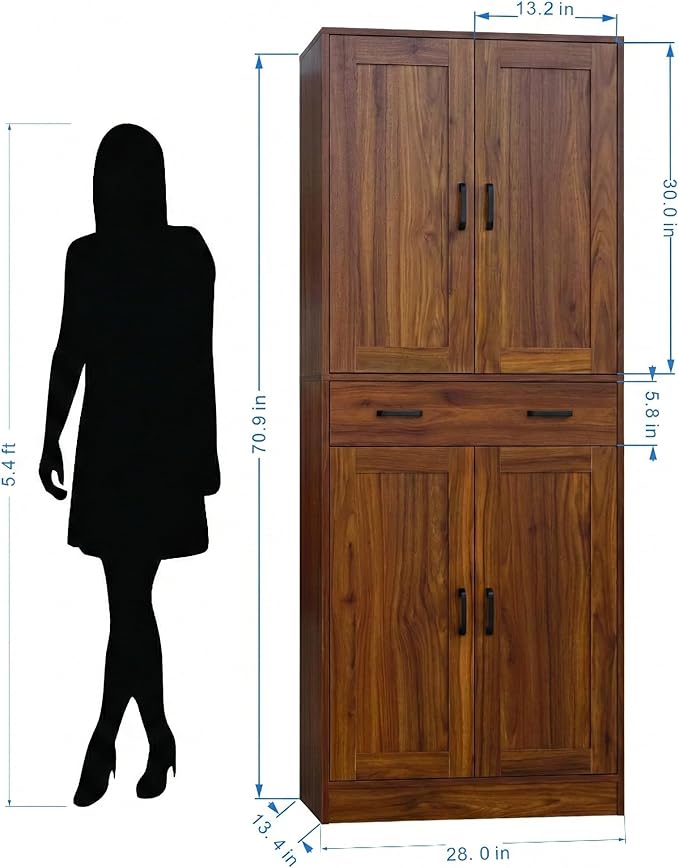 71" Tall Kitchen Pantry Cabinet, Freestanding Storage Cabinet with Drawer and 4 Doors, Large Brown Utility Floor Cupboard with Adjustable Shelves for Dining Room, Bathroom, Home Office