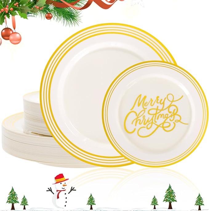 EI 60pcs Beige Disposable Plastic Dinner Plates with Gold Edge.Gold "Marry Christmas" Disposable Plate Heavy Industry Are Very Suitable for Christmas,New Year Parties,Family Dinners and Hotel Events.