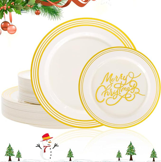 EI 60pcs Beige Disposable Plastic Dinner Plates with Gold Edge.Gold "Marry Christmas" Disposable Plate Heavy Industry Are Very Suitable for Christmas,New Year Parties,Family Dinners and Hotel Events.