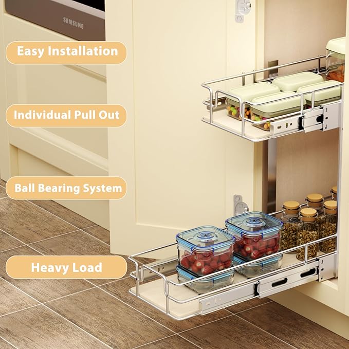 ROOMTEC 2 Tier Individual Pull Out Cabinet Organizer 7쩍"W x 21쩍"D, Slide Out Wood Shelves Organizers, Pull Out Drawers Organization and Storage for Kitchen Cabinet