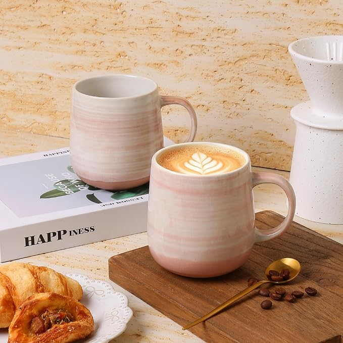 Coffee Mugs, Set of 4 Pink Ceramic Mugs with Subtle Stripe Texture - 12oz Cups, Microwave & Dishwasher Safe, Modern Minimalist Design for Home, Office, Gift Giving