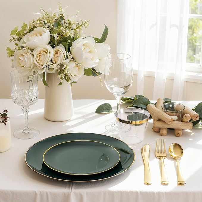 WDF 300Pcs Green Plates Disposable - Heavy Duty Green Plates - 50Guest Green Plastic Dinnerware Include 50 Dinner Plate, 50 Dessert Plate, 150 Cutlery & 50 9oz Cups for Parties St. Patrick?셲 Day