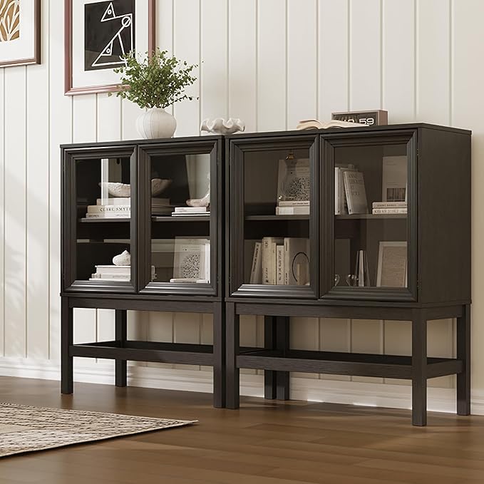 Sideboard Buffet Cabinet with Storage Set of 2, Small Kitchen Coffee Wine Bar Cabinet with Glass Doors, Wood Mid Century Modern Side Board Table for Dining Room, Living Room