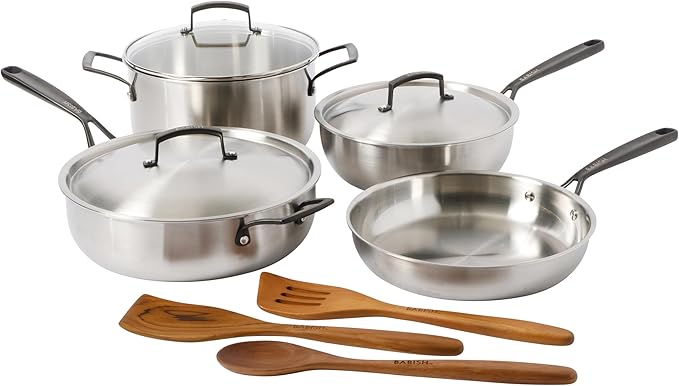 Babish 10-Piece Professional Tri-Ply Non-Toxic Pots and Pans Cookware Set ??Durable, Even Heat Distribution
