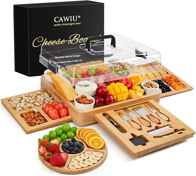 Charcuterie Board with Lid ??Large Bamboo Cheese Board Set with Utensils & Drawers ??Housewarming, Wedding Gifts for Couples, Serving Tray with Cover (Black)