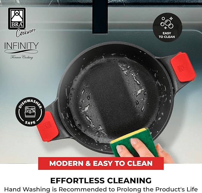 BRA COOKWARE Infinity Dual-Handled Saut챕 Pan w/Glass Lid | 11-Inch 2.95-Quart Shallow Stock Pot | Nonstick Cast Aluminum Everyday Chef Pan | PFAS Free Rondeau Pot | All Cooktops incl. Induction
