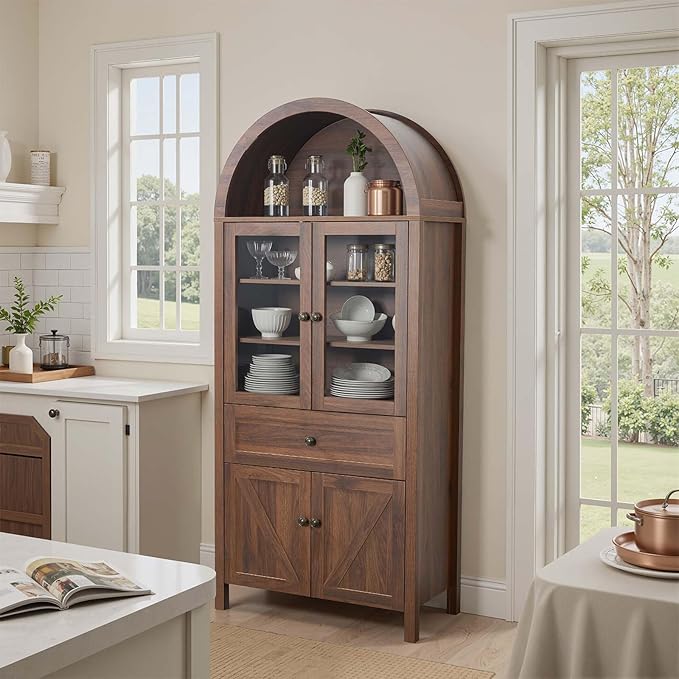 71" Tall Arched Cabinet, Arched Kitchen Pantry with Glass Doors & Shelves, Modern Display Storage Cabinets with Drawers, Wooden Pantry Cabinet for Living Room, Dining Room or Kitchen, Walnut