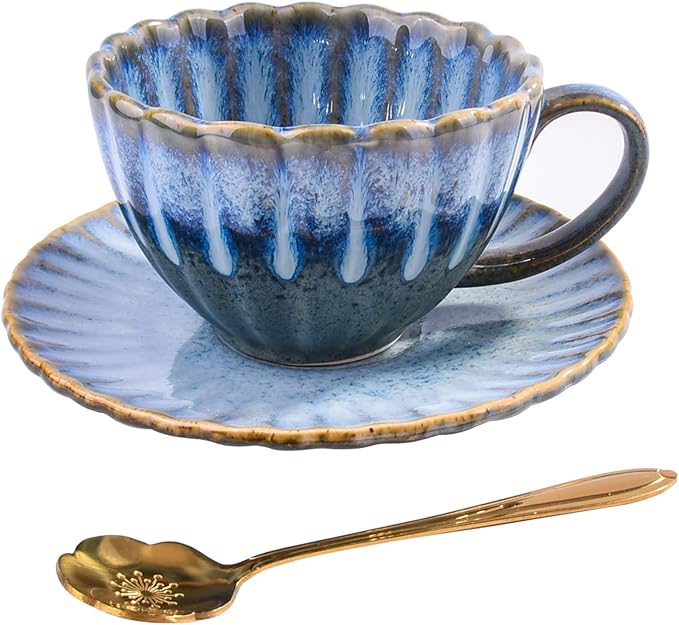 Ceramic Floral Coffee Mug with Saucer Set and Spoon - Vintage Glazed Tea Cup & Coaster for Cafe/Home/Office Blue