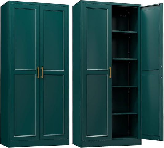 Kitchen Pantry Cabinet,71?쒰reen Metal Pantry Storage Cabinets with Doors and 4 Adjustable Shelves,Kitchen Cabinet with 2 Gold Handles,Tall Cabinet for Livingroom, Bathroom