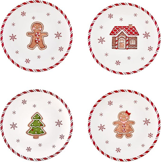 Bico Traditional Christmas Gingerbread Man Salad Plates Set of 4, 8.75 Inch Ceramic Dessert Plates for Salad, Appetizer, Side Dishes, Microwave and Dishwasher Safe, Gift for Housewarming and Christmas