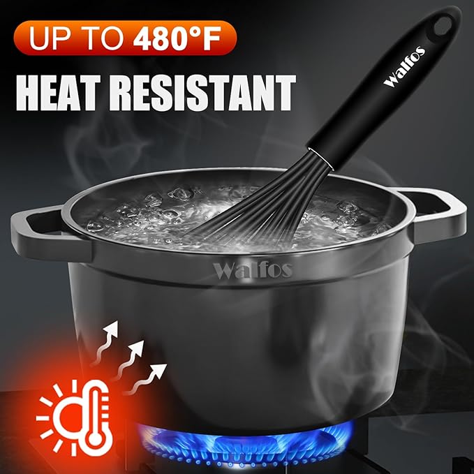 Walfos Silicone Whisk,Stainless Steel Wire Whisk Set of 3 -Heat Resistant 480째F Kitchen Whisks for Non-stick Cookware,Balloon Egg Beater Perfect for Blending,Whisking,Beating,Frothing & Stirring,Black