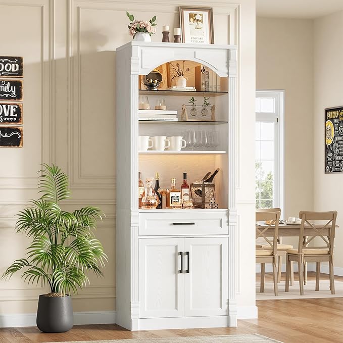 Rresyet 70.9" Tall Kitchen Pantry Storage Cabinet, Modern Kitchen Hutch Bar Cabinet with Lights, Freestanding Food Pantry with Adjustable Shelves and Drawer (White)