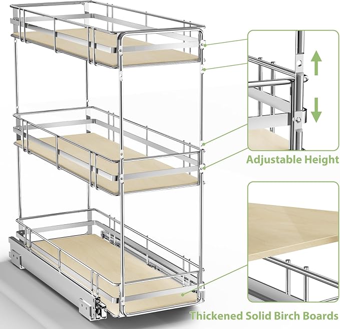 ROOMTEC 3-Tier Pull Out Cabinet Organizer Spice Rack for Narrow Cabinet 9" W x 20쩍" D, Slide Out Wood Shelves Storage for Kitchen